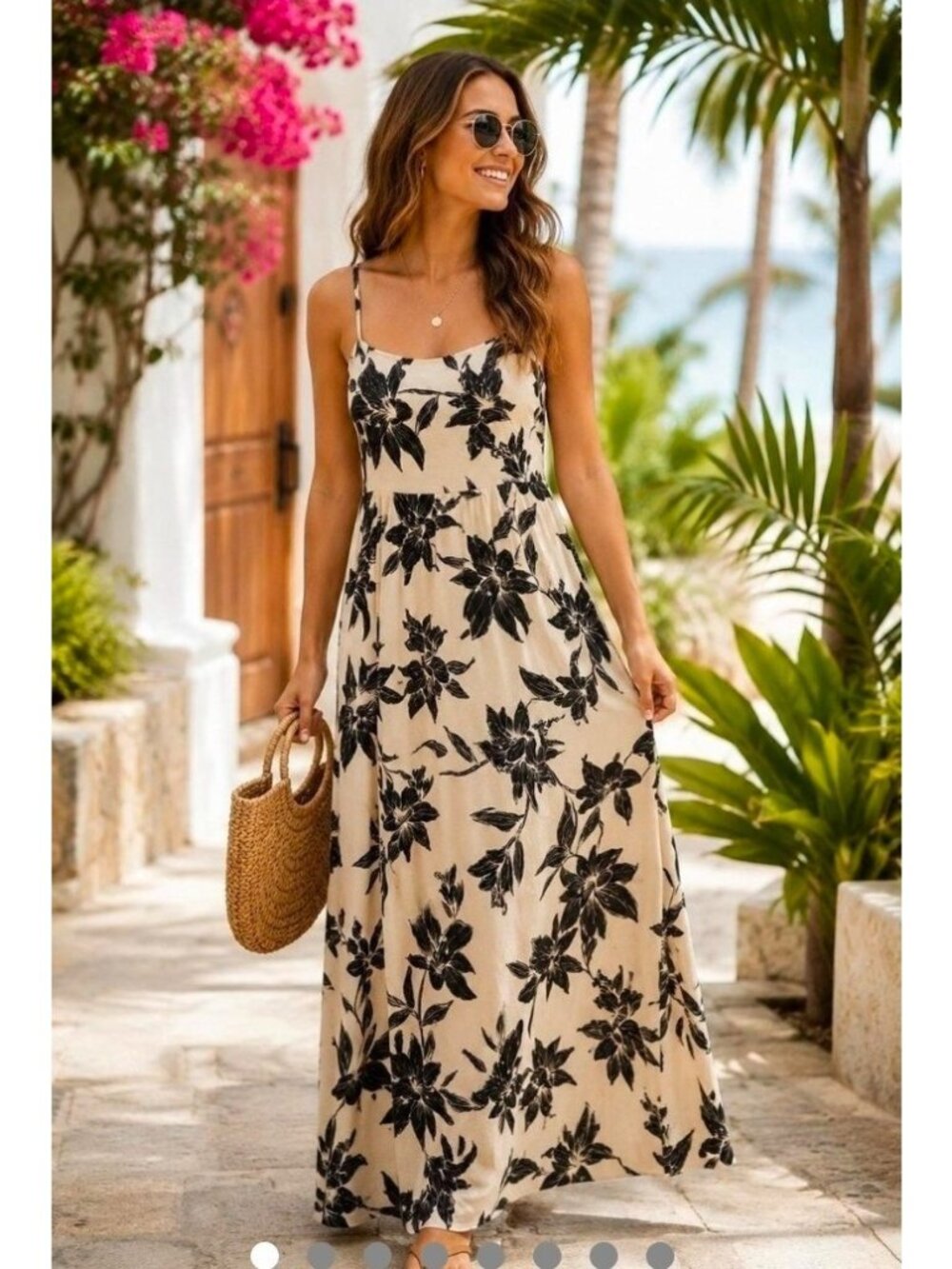 Monteau L.A. Sz M Cream Black Floral Linen Blend Maxi Dress Smocked Empire Waist